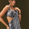 Metallic Grey Pre Stitched Sequin Saree With Cowl Neckline Blouse