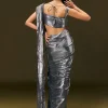 Metallic Grey Pre Stitched Sequin Saree With Cowl Neckline Blouse
