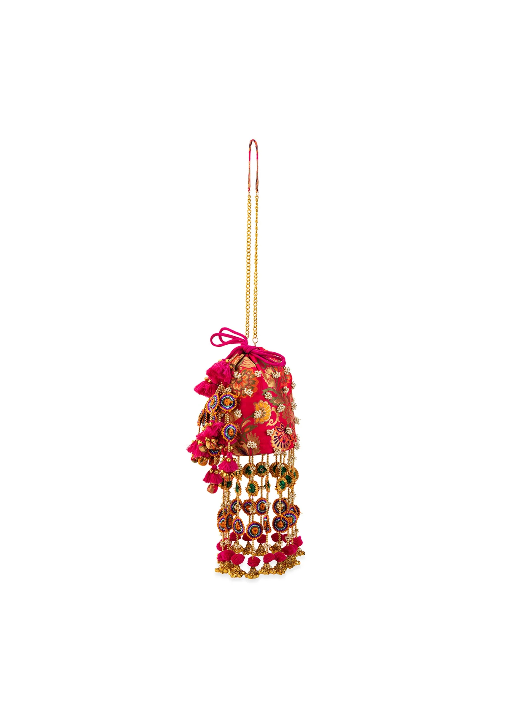 Pink Pearl Embellished Pom Pom Tassel Potli Bag