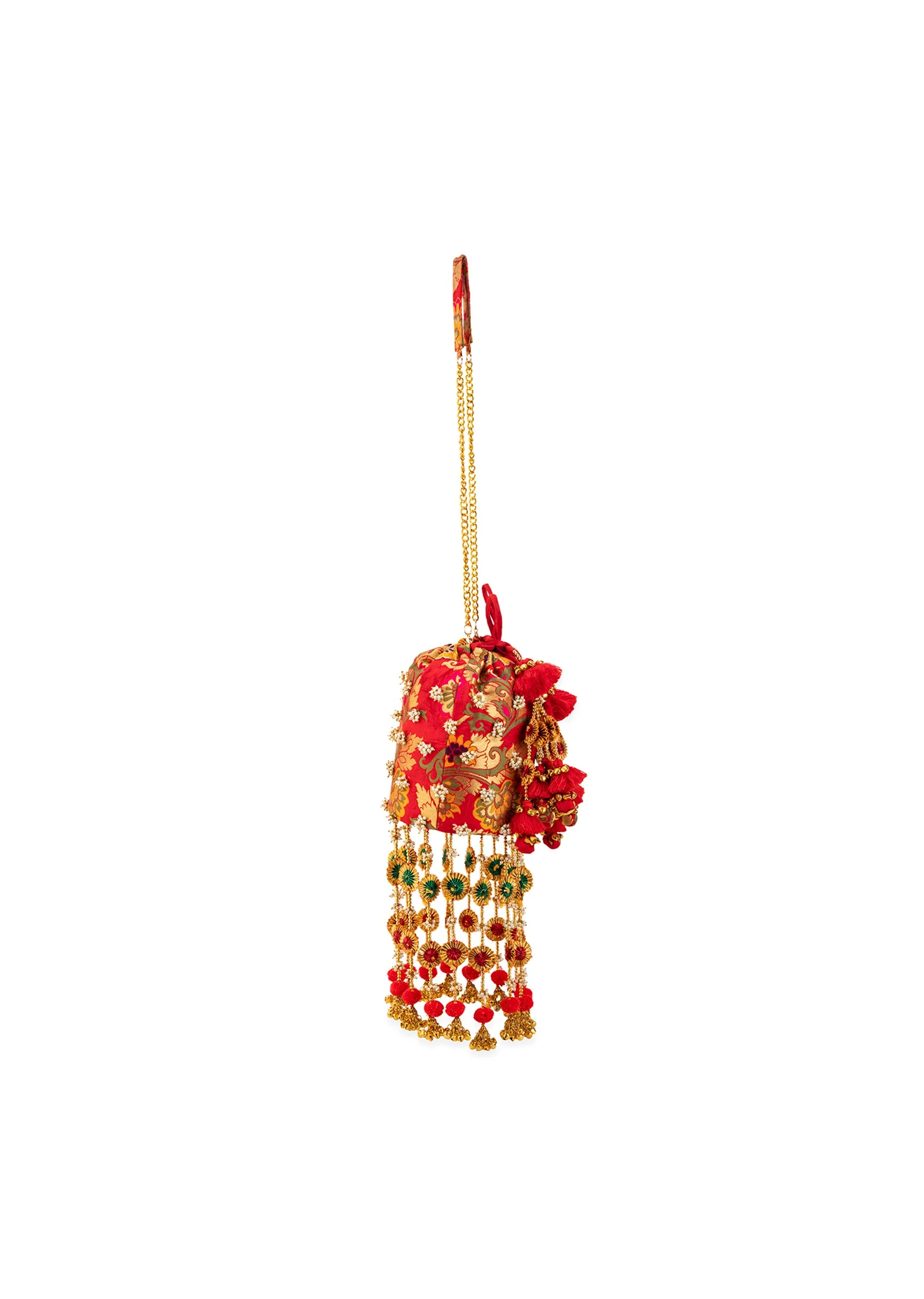 Pink Pearl Embellished Pom Pom Tassel Potli Bag