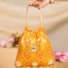 Yellow Mirror Embellished Silk Potli Bag