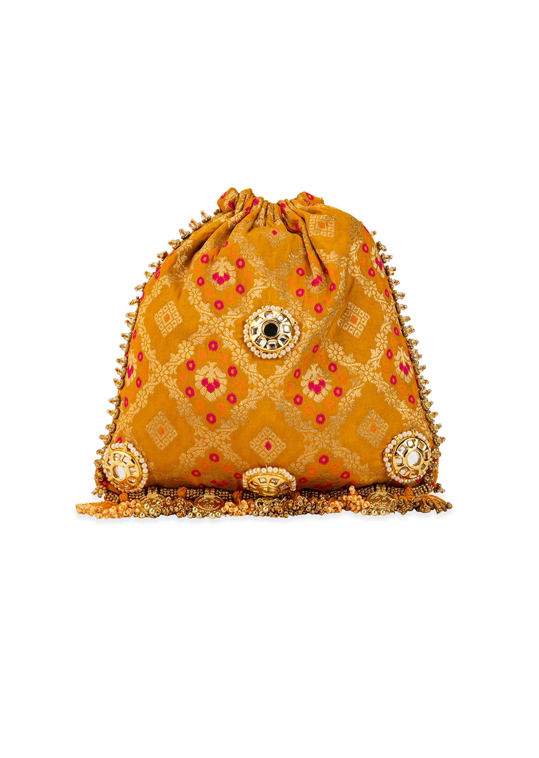Yellow Mirror Embellished Silk Potli Bag