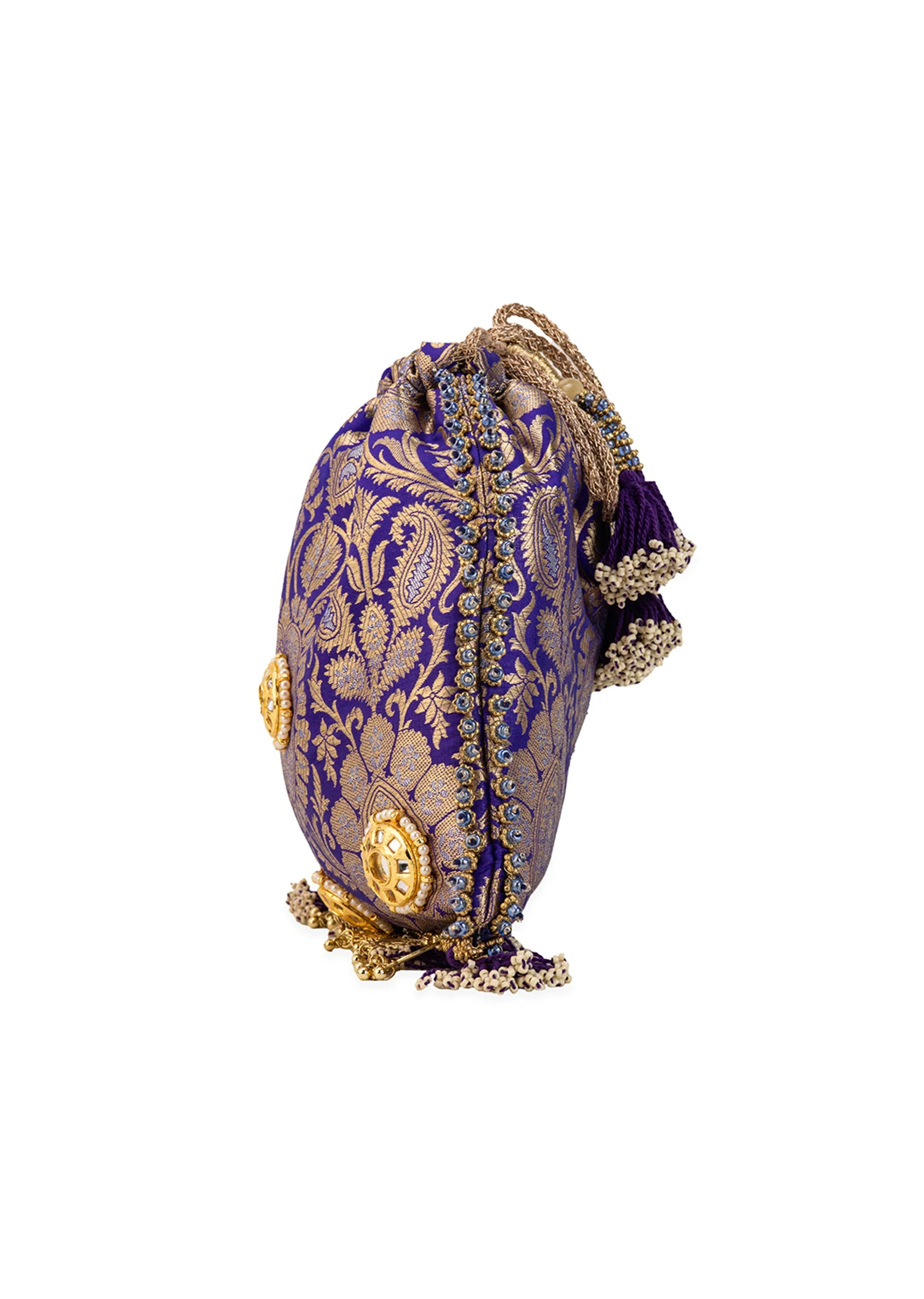 Purple Floral Motif Kundan Embellished Potli Bag
