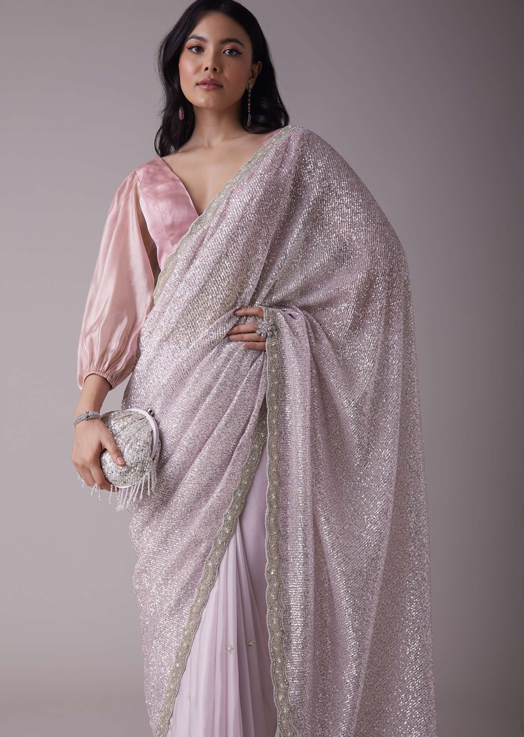 Lavender Purple Sequins Saree With An Embellished Border