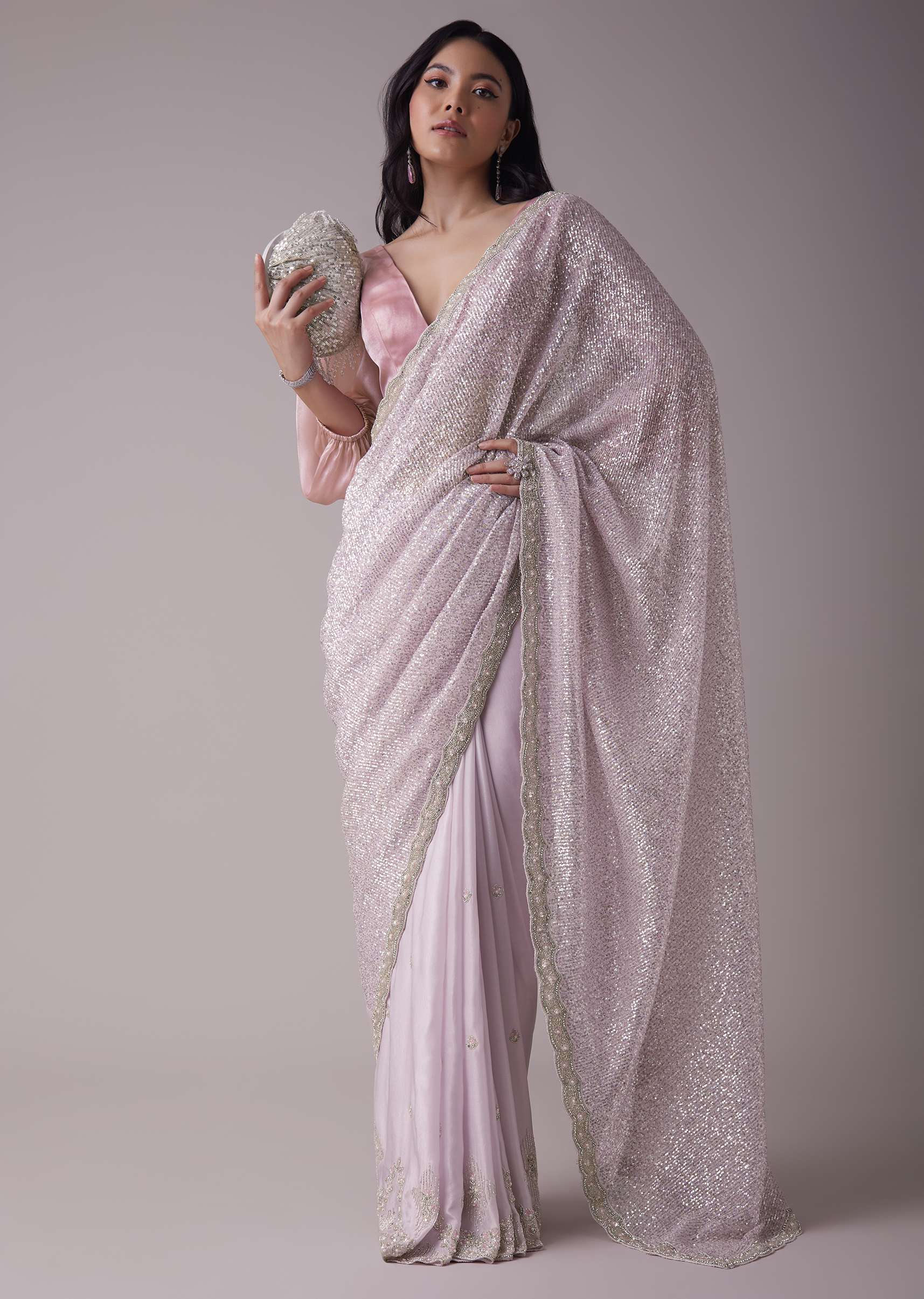Lavender Purple Sequins Saree With An Embellished Border