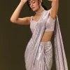 Silver Sequin Stone Embroidered Readymade Saree With Ruched Blouse