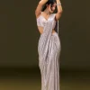 Silver Sequin Stone Embroidered Readymade Saree With Ruched Blouse