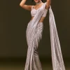 Silver Sequin Stone Embroidered Readymade Saree With Ruched Blouse