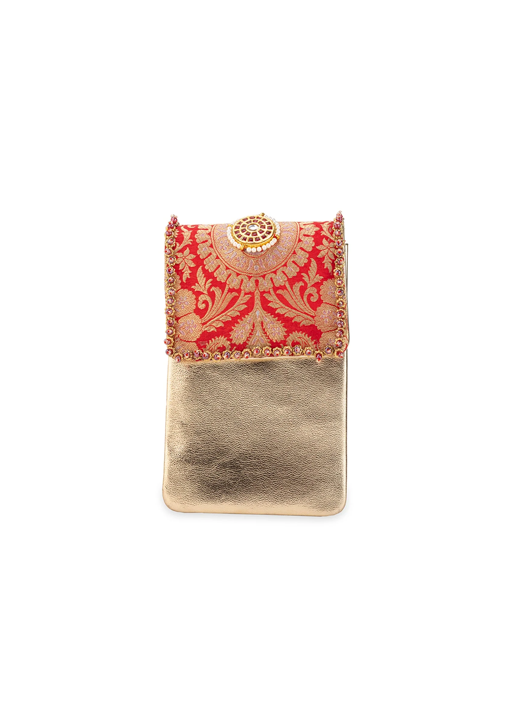Red and Gold Floral Motif Kundan Flap Bag