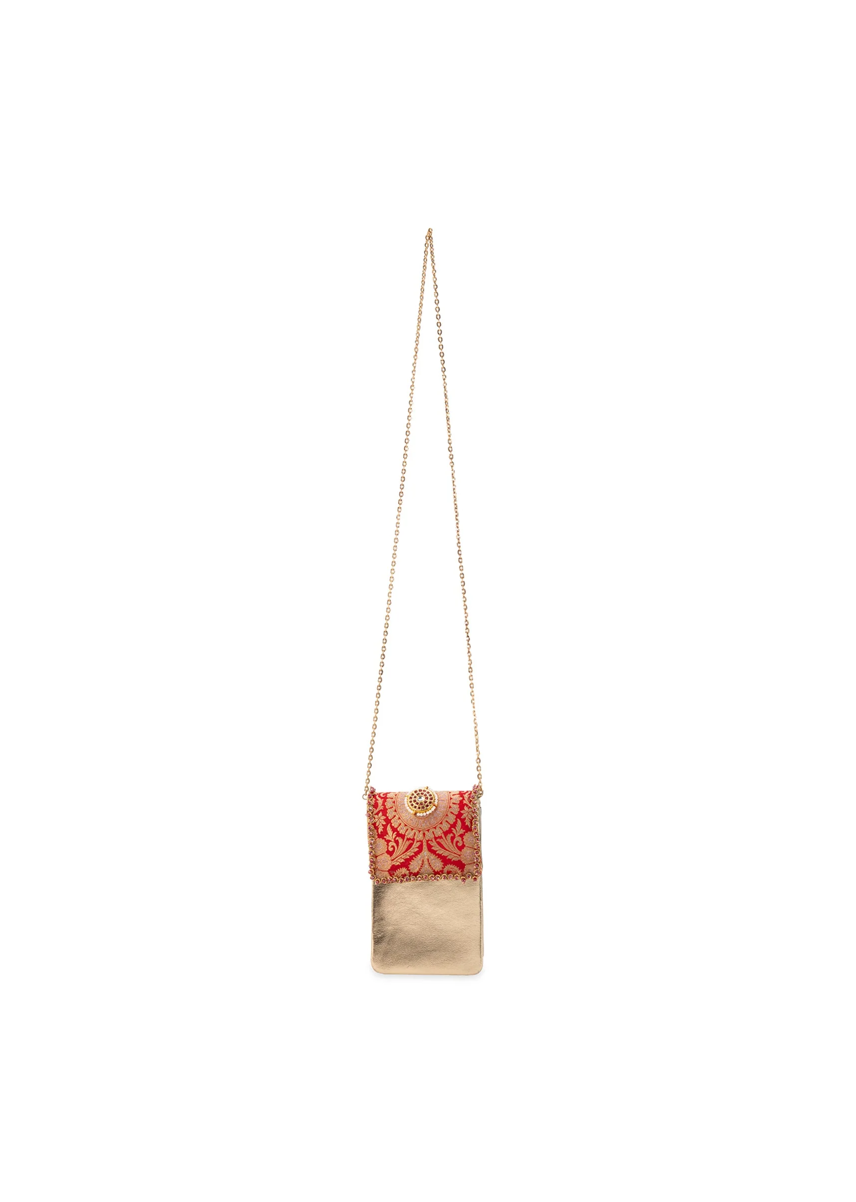 Red and Gold Floral Motif Kundan Flap Bag