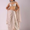 Beige Pleated Skirt And Top With Embroidered Choker Dupatta