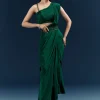 Dark Green Crepe Ready Pleated Saree With Heavy Embroidery