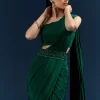 Dark Green Crepe Ready Pleated Saree With Heavy Embroidery