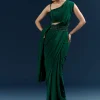 Dark Green Crepe Ready Pleated Saree With Heavy Embroidery