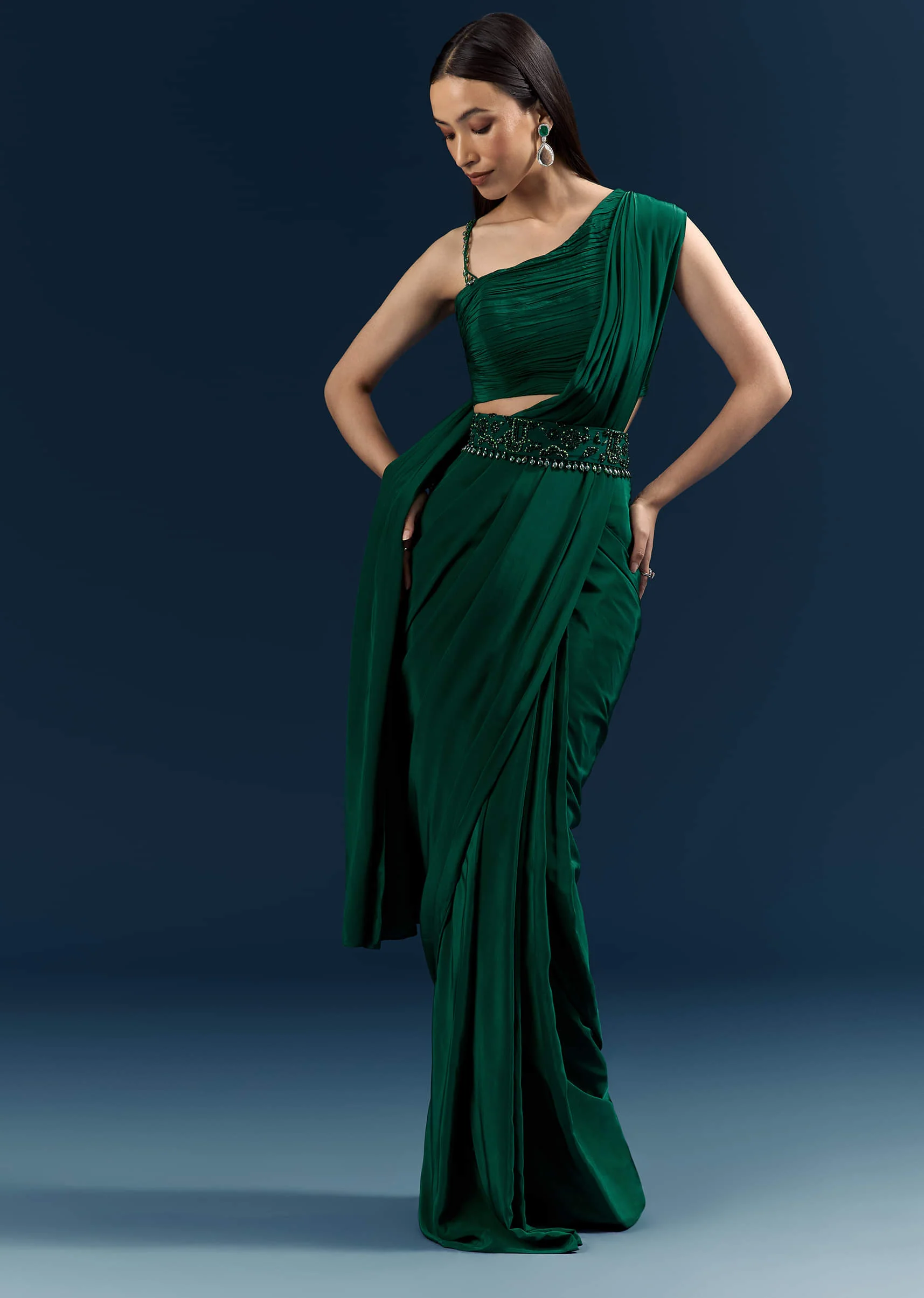 Dark Green Crepe Ready Pleated Saree With Heavy Embroidery