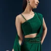 Dark Green Crepe Ready Pleated Saree With Heavy Embroidery
