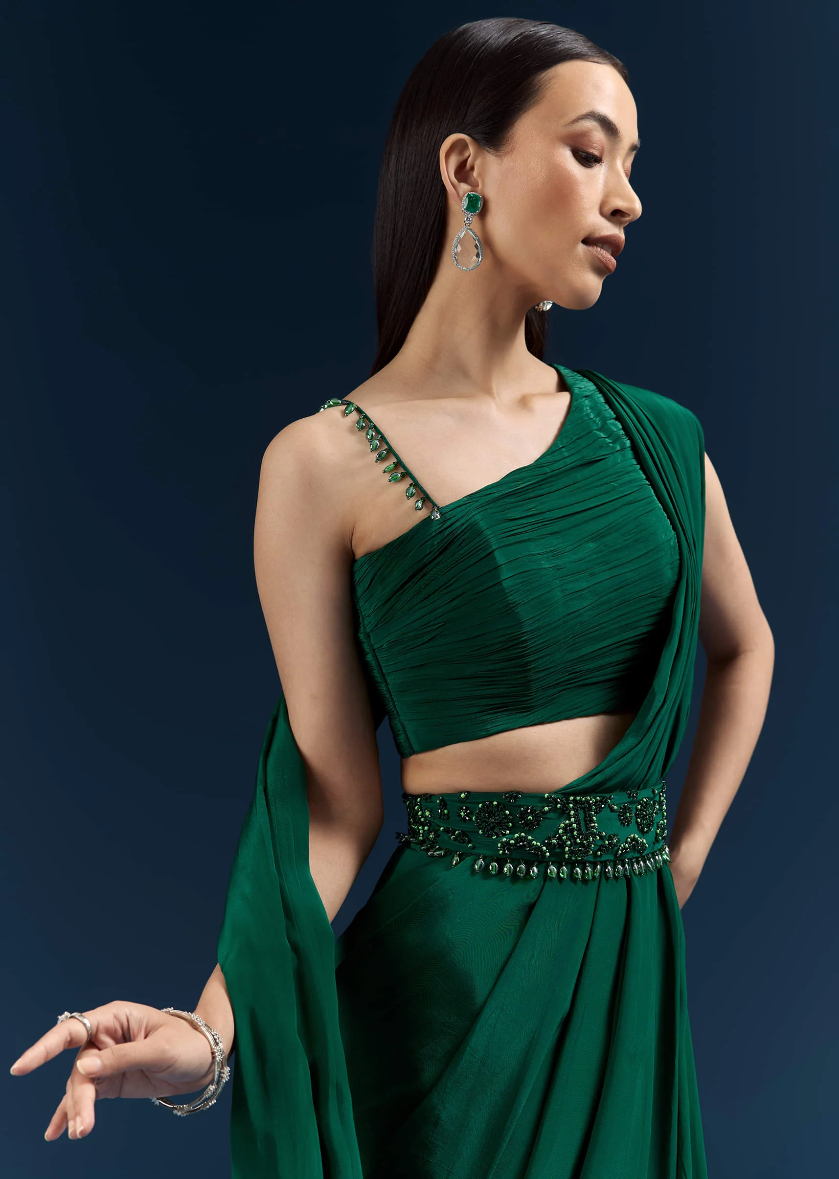 Dark Green Crepe Ready Pleated Saree With Heavy Embroidery