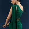 Dark Green Crepe Ready Pleated Saree With Heavy Embroidery