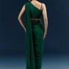 Dark Green Crepe Ready Pleated Saree With Heavy Embroidery