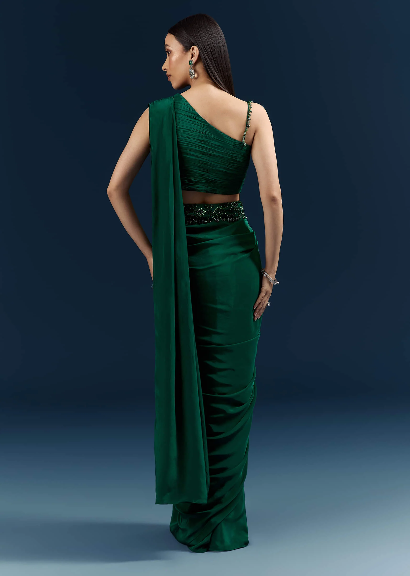 Dark Green Crepe Ready Pleated Saree With Heavy Embroidery