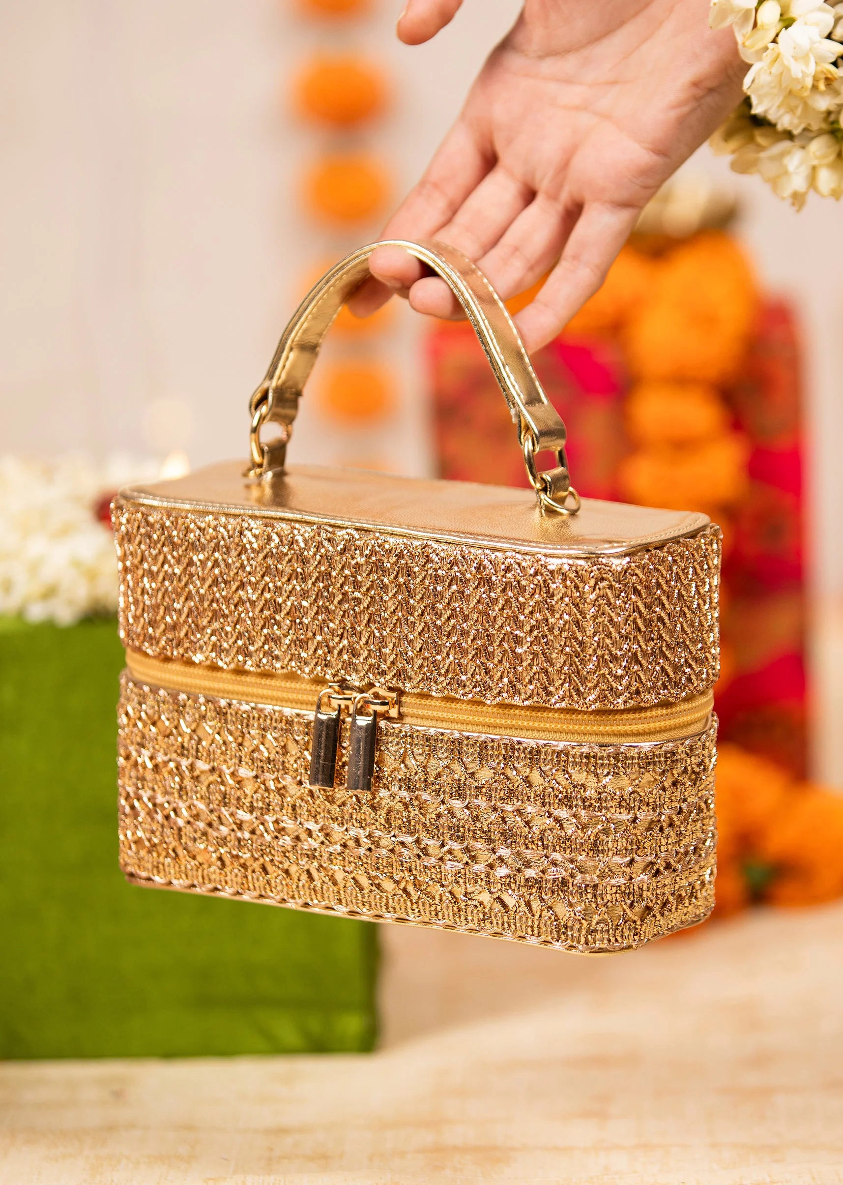 Gold Geometric Textured Embellished Bag
