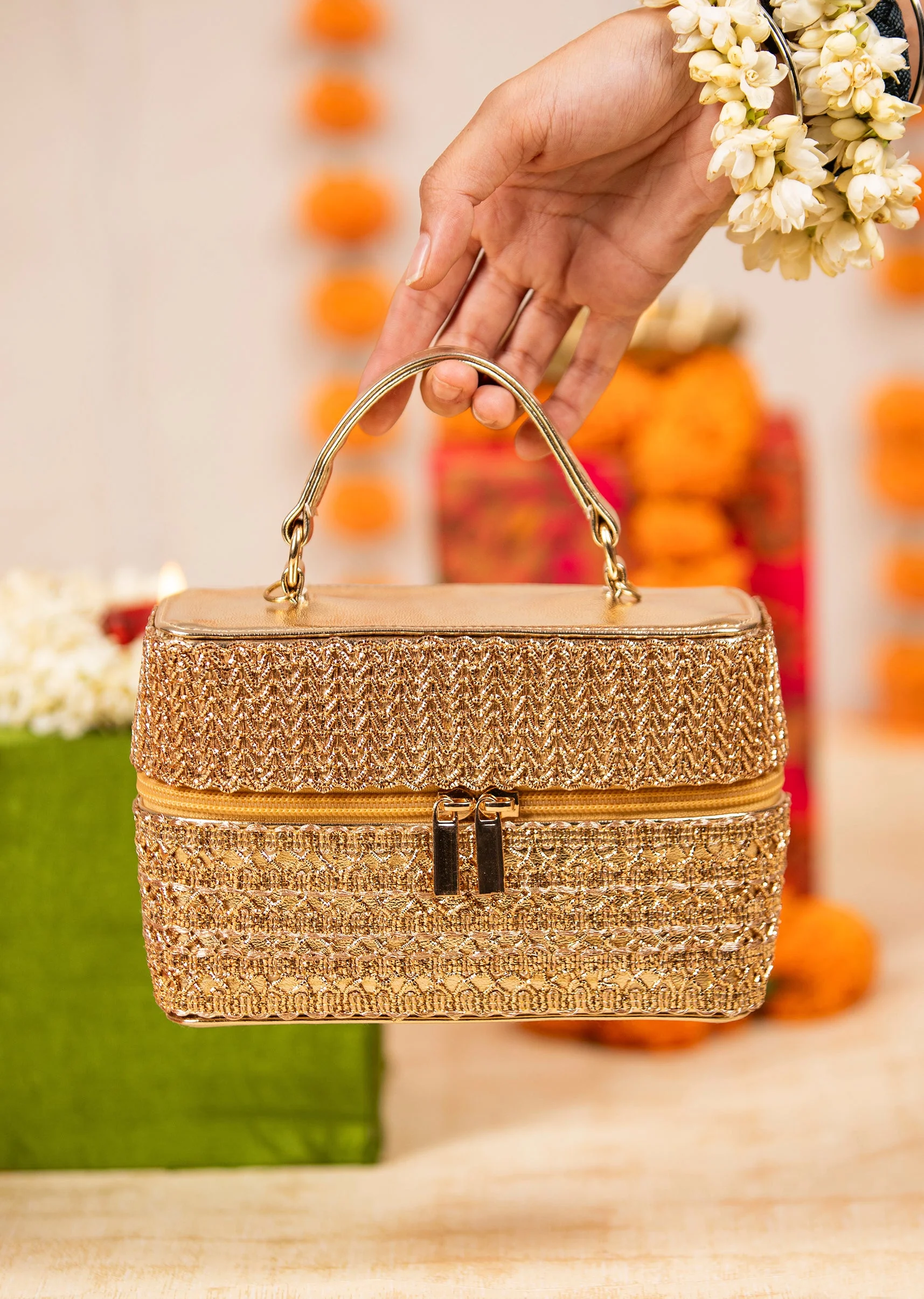 Gold Geometric Textured Embellished Bag