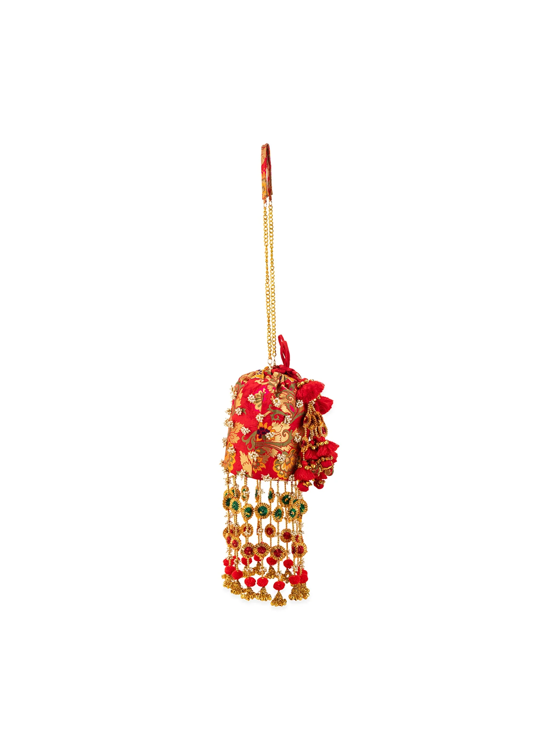 Red Pearl Embellished Layered Pom Pom Tassel Potli Bag