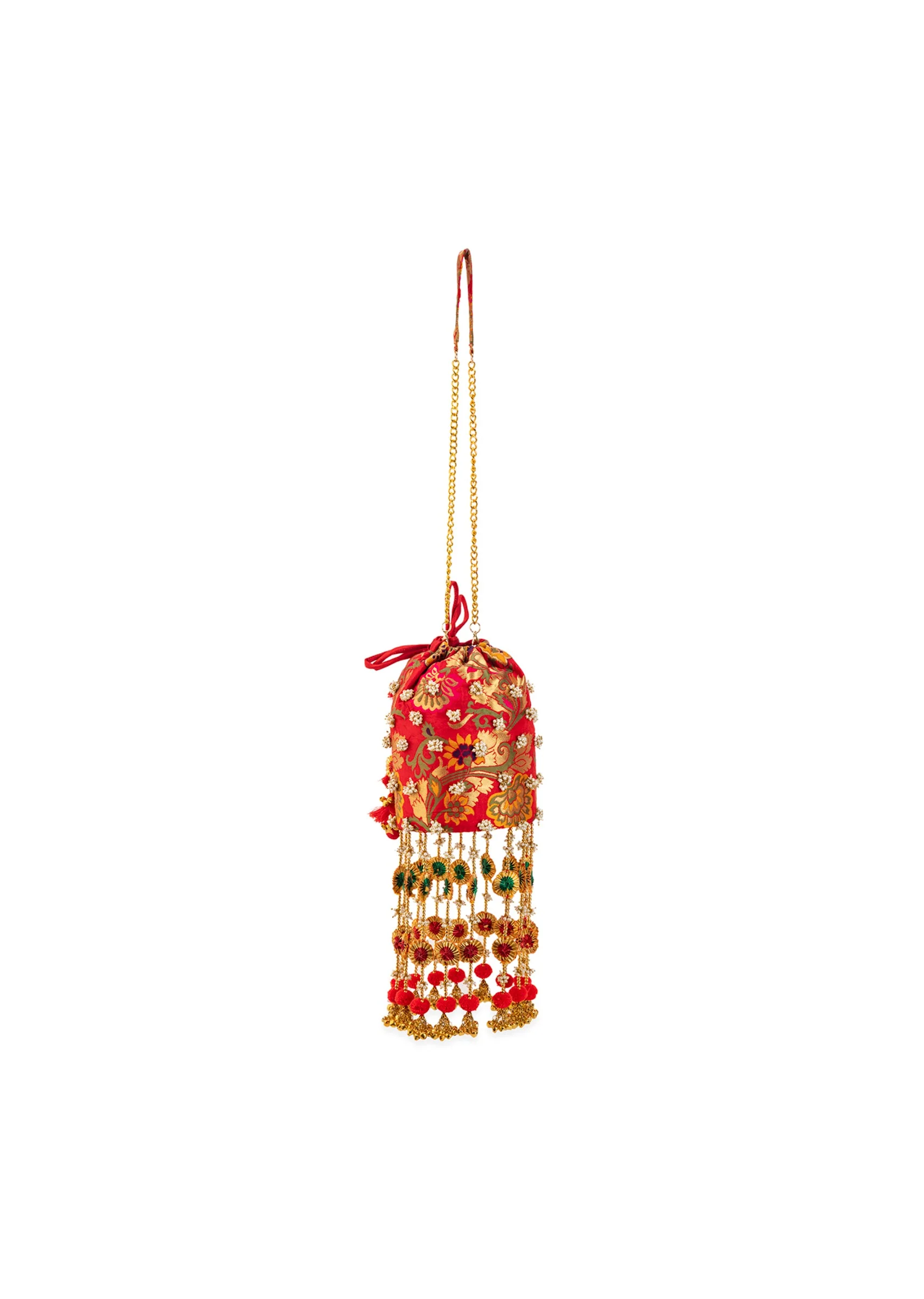 Red Pearl Embellished Layered Pom Pom Tassel Potli Bag