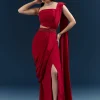Red Crepe Ready Pleated Saree With Heavy Embroidery