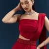 Red Crepe Ready Pleated Saree With Heavy Embroidery