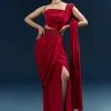 Red Crepe Ready Pleated Saree With Heavy Embroidery