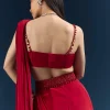 Red Crepe Ready Pleated Saree With Heavy Embroidery