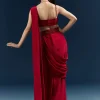 Red Crepe Ready Pleated Saree With Heavy Embroidery