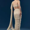 Gold And Beige Satin Ready Pleated Saree With Stone Detail Work