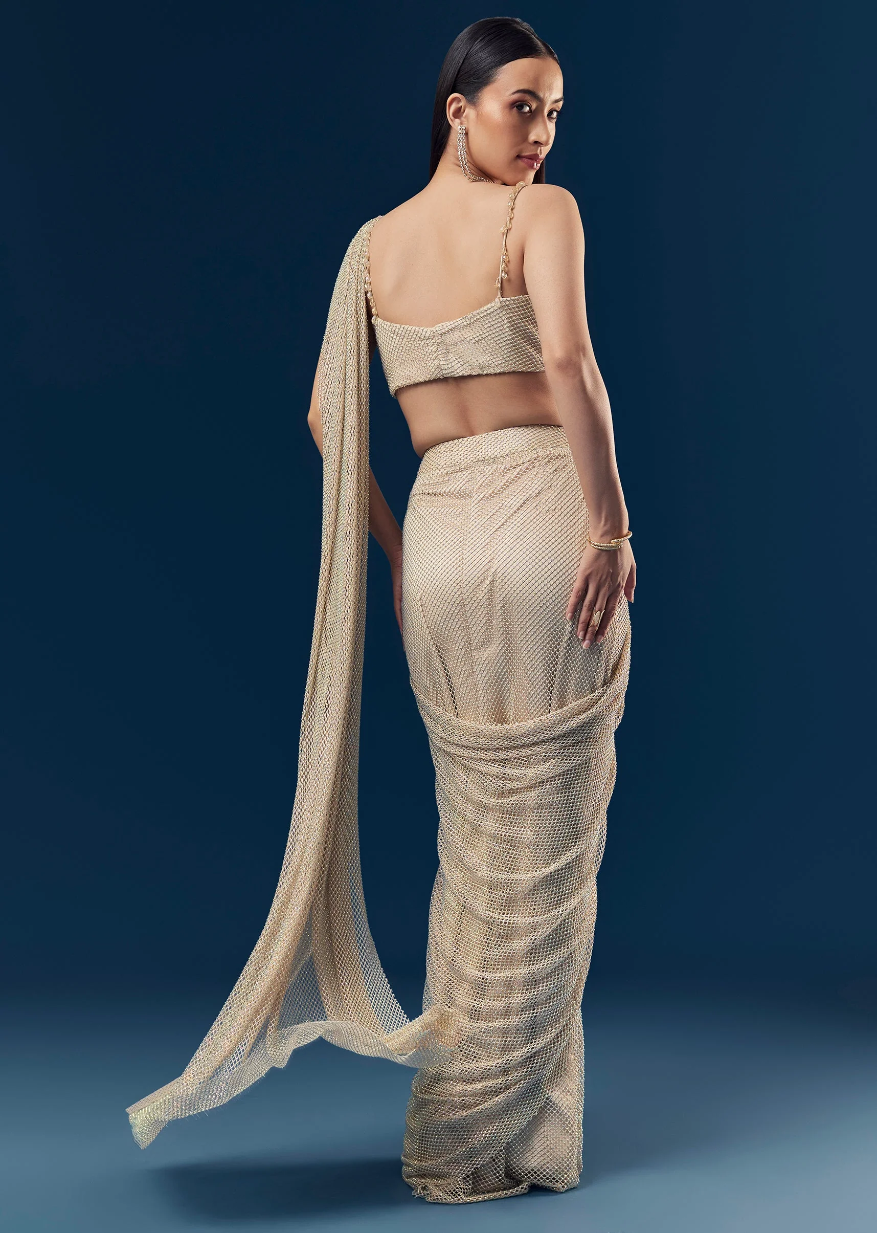 Gold And Beige Satin Ready Pleated Saree With Stone Detail Work