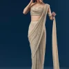 Gold And Beige Satin Ready Pleated Saree With Stone Detail Work