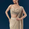 Gold And Beige Satin Ready Pleated Saree With Stone Detail Work