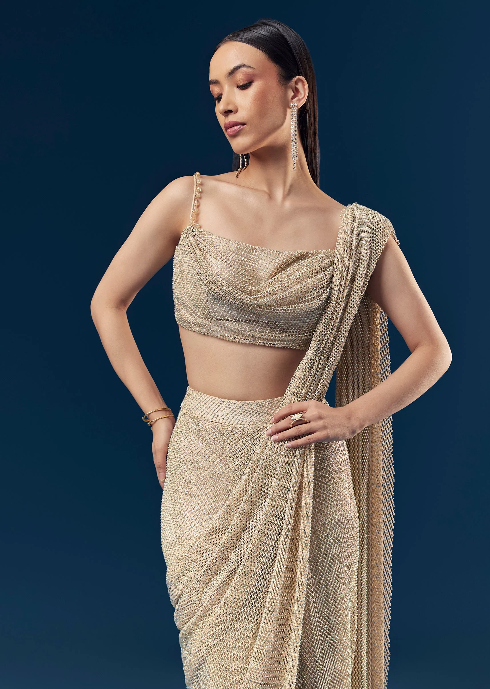 Gold And Beige Satin Ready Pleated Saree With Stone Detail Work