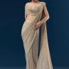 Gold And Beige Satin Ready Pleated Saree With Stone Detail Work