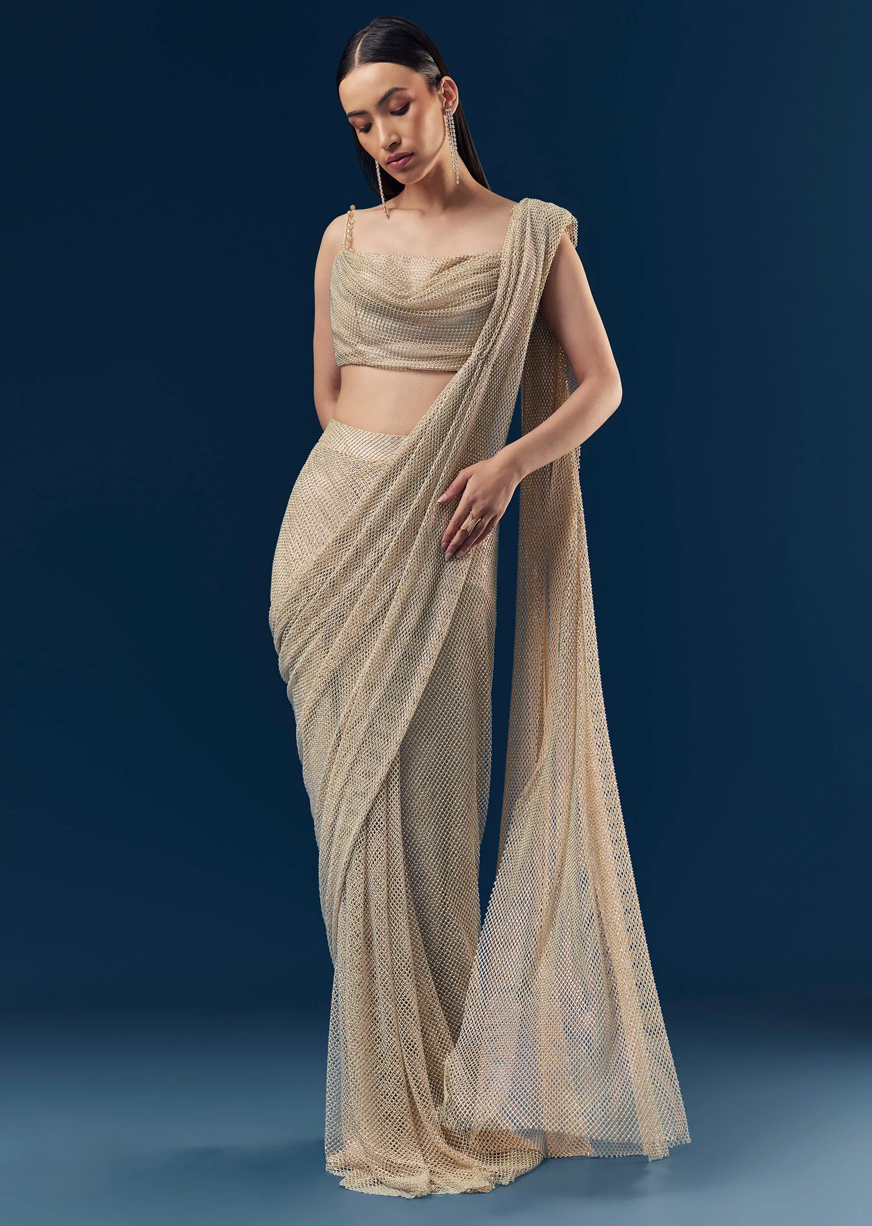 5146-us-0-us-0-variation-1.webp Gold And Beige Satin Ready Pleated Saree With Stone Detail Work