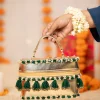 Gold and Green Tassel Drop Bead Embroidered Potli Bucket Bag