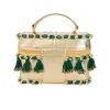 Gold and Green Tassel Drop Bead Embroidered Potli Bucket Bag