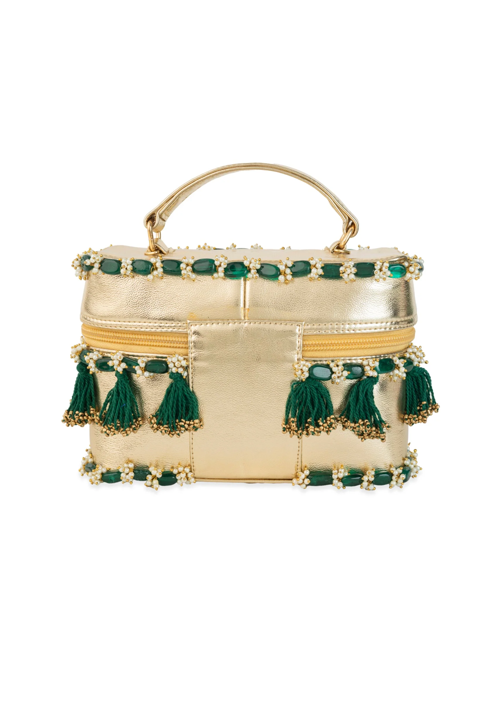 Gold and Green Tassel Drop Bead Embroidered Potli Bucket Bag