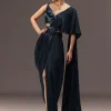 Navy Blue Pre Draped Saree With Sequin Blouse And Belt