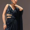 Navy Blue Pre Draped Saree With Sequin Blouse And Belt