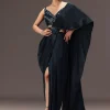Navy Blue Pre Draped Saree With Sequin Blouse And Belt