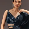 Navy Blue Pre Draped Saree With Sequin Blouse And Belt