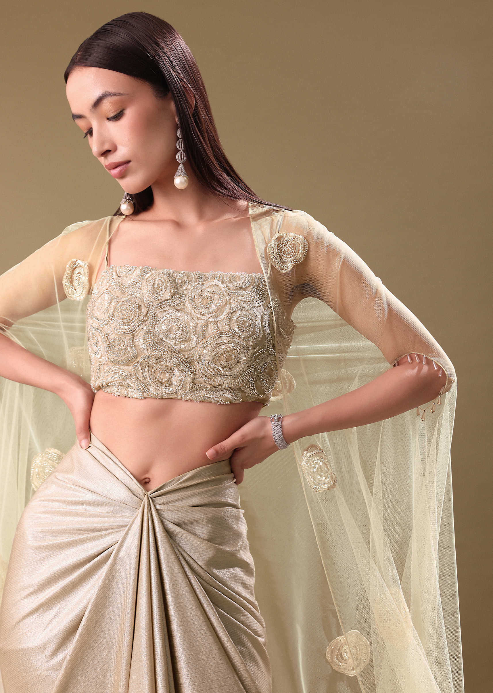 White Drape Skirt Set With Jacket