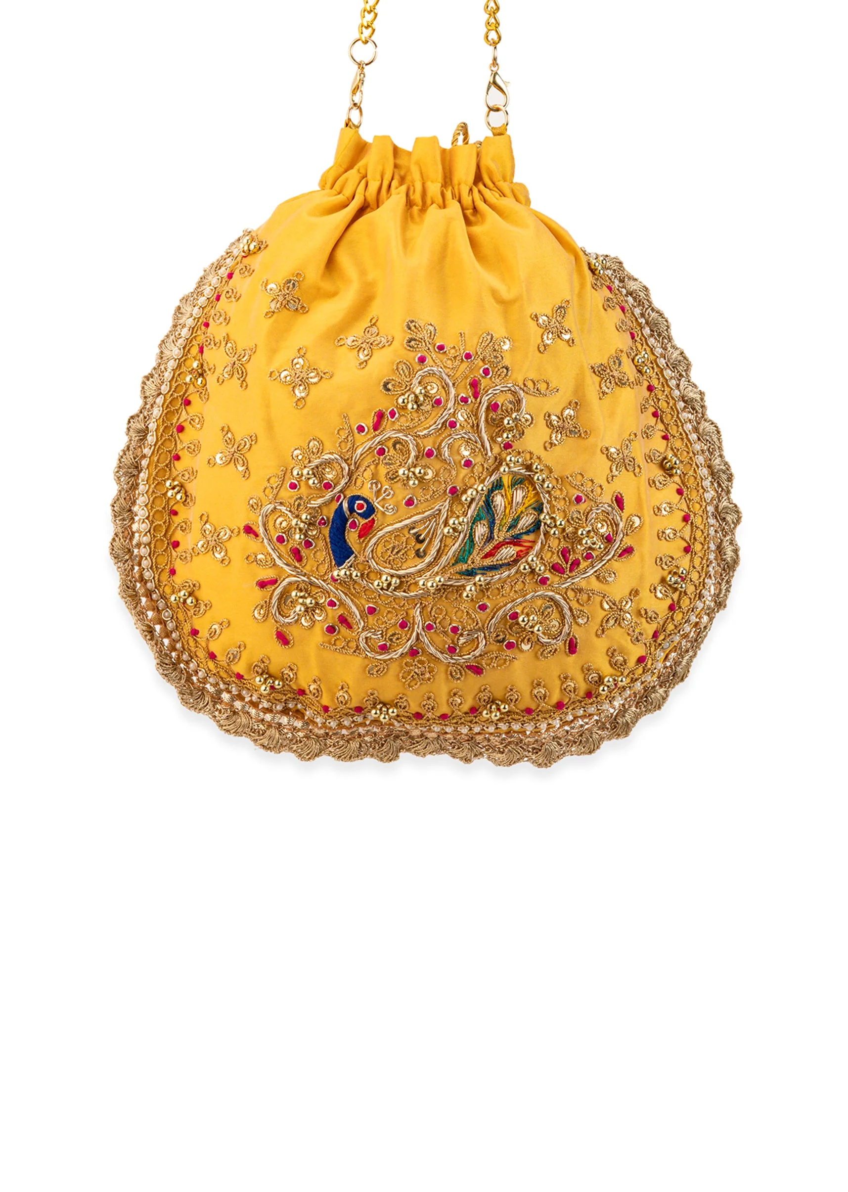 Yellow Silk Peacock Motif Embroidered Potli Bag
