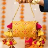 Yellow Brocade Zari Work Kundan Bag with Tassel